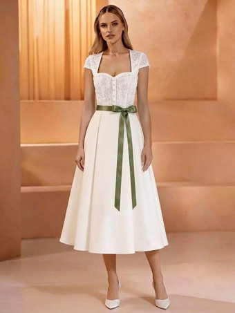 アイボリーヴィンテージショートウェディングドレス スウィートハートネック 半袖 ナチュラルウエスト レース ティーレングス サッシュブライダルガウン