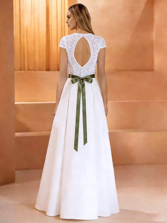 ヴィンテージウェディングドレス スウィートハートネック 半袖 ナチュラルウエスト レース フロアレングス サッシュ 伝統的花嫁ドレス