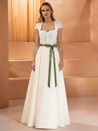 アイボリーヴィンテージウェディングドレス スウィートハートネック 半袖 ナチュラルウエスト レース フロアレングス サッシュ 伝統的花嫁ドレス