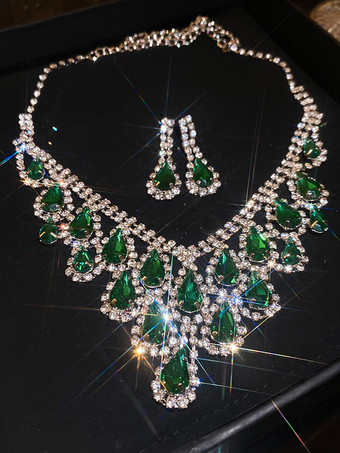 グリーン レディース ヴィンテージジュエリー グリーン ラインストーン ネックレス イヤリング レトロセット
