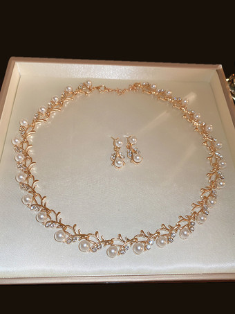 ゴールド 女性用パールヴィンテージ合金ジュエリーセット イヤリングネックレスセット パーティーや舞踏会に最適
