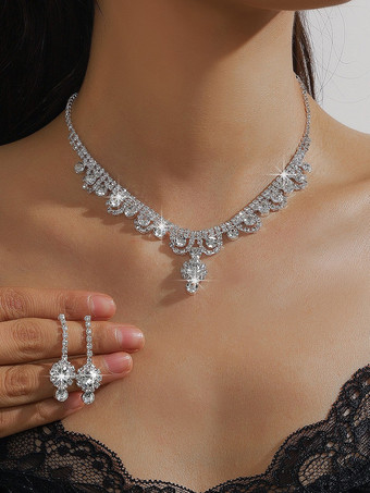 シルバー レディース レトロジュエリーセット ラインストーンネックレス＆イヤリングセット 舞踏会パーティー用