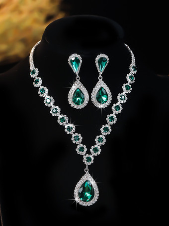 グリーンヴィンテージフラワージュエリーセット ラインストーンアームウェア イヤリング ネックレス レトロセット