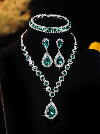 グリーンヴィンテージフラワージュエリーセット ラインストーンアームウェア イヤリング ネックレス レトロセット