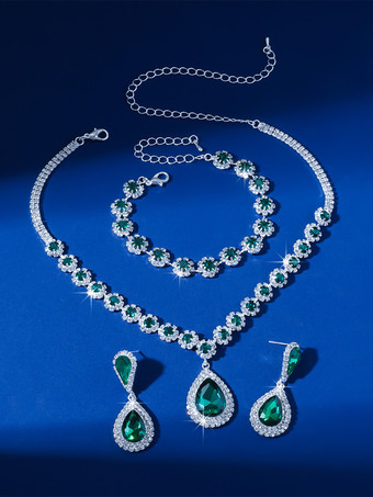 グリーンヴィンテージフラワージュエリーセット ラインストーンアームウェア イヤリング ネックレス レトロセット