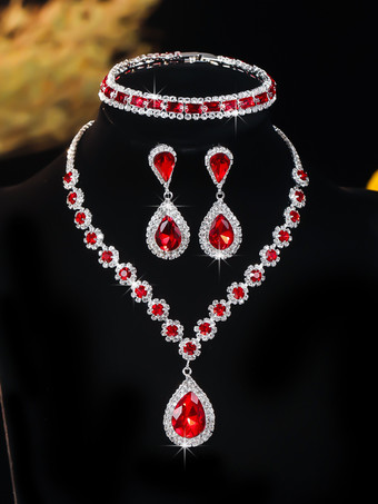 レッドヴィンテージビクトリアンジュエリーセットネックレスイヤリングアームウェアレトロラインストーンセット