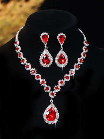 レッドヴィンテージビクトリアンジュエリーセットネックレスイヤリングアームウェアレトロラインストーンセット