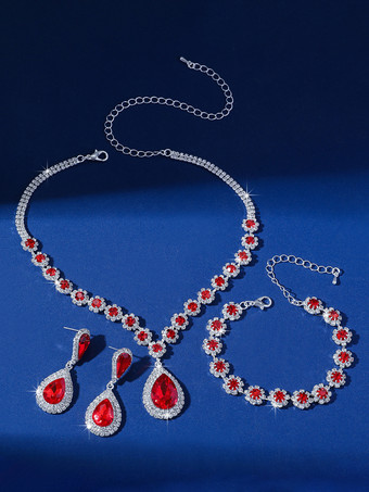 レッドヴィンテージビクトリアンジュエリーセットネックレスイヤリングアームウェアレトロラインストーンセット