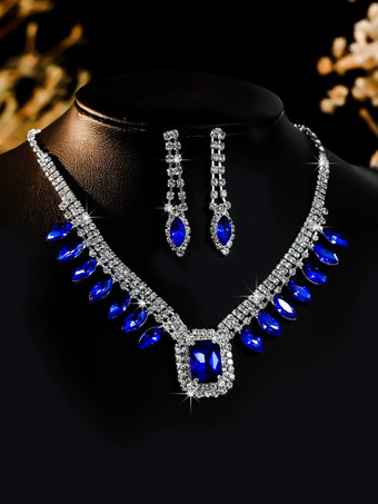 ブルー パーティーや舞踏会に最適な、ブルーのレディース用エレガントジュエリーセット、イヤリング、ネックレス、ラインストーンセット