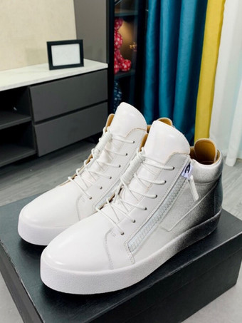 ホワイト ハイトップスケートスニーカー ラウンドトゥ ジップアップ レースアップ カジュアルスニーカー