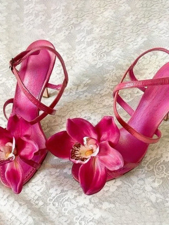 サテンパーティーシューズ レディース オープントゥ フラワーディテール ハイヒールシューズ