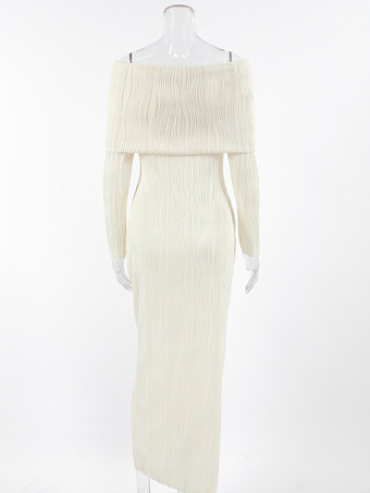 プリーツオフショルダーレディースマキシドレス - エレガントなクリームテクスチャボディコンガウン - 長袖パーティーウェア 2026