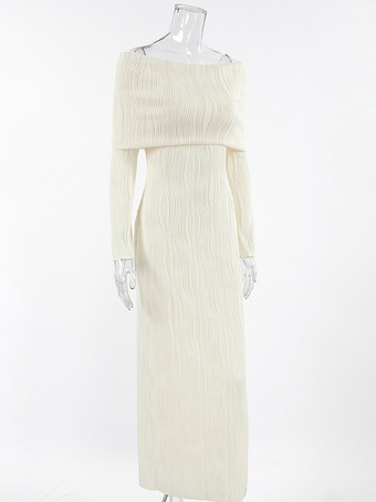 プリーツオフショルダーレディースマキシドレス - エレガントなクリームテクスチャボディコンガウン - 長袖パーティーウェア 2026