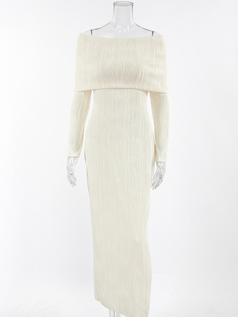 プリーツオフショルダーレディースマキシドレス - エレガントなクリームテクスチャボディコンガウン - 長袖パーティーウェア 2026