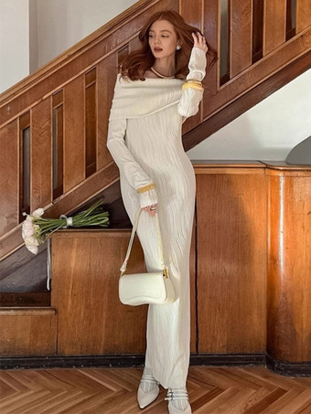 プリーツオフショルダーレディースマキシドレス - エレガントなクリームテクスチャボディコンガウン - 長袖パーティーウェア 2026