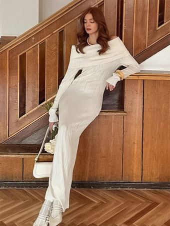 アプリコットプリーツオフショルダーレディースマキシドレス - エレガントなクリームテクスチャボディコンガウン - 長袖パーティーウェア 2026