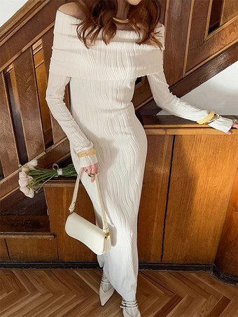 プリーツオフショルダーレディースマキシドレス - エレガントなクリームテクスチャボディコンガウン - 長袖パーティーウェア 2026