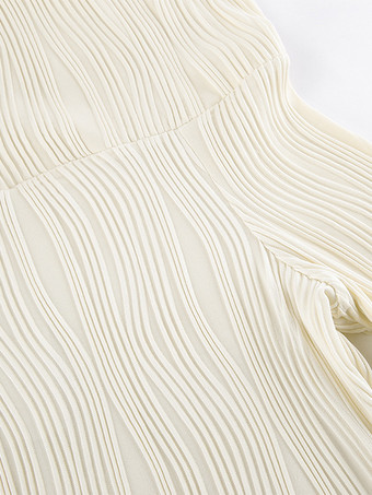 プリーツオフショルダーレディースマキシドレス - エレガントなクリームテクスチャボディコンガウン - 長袖パーティーウェア 2026