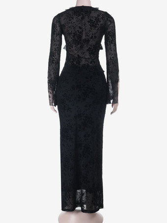 ブラックフロックフローラルレディース2ピースセット - タイフロントフレアスリーブトップマキシスカート - ゴシックシアーメッシュ美的パーティーウェア2026