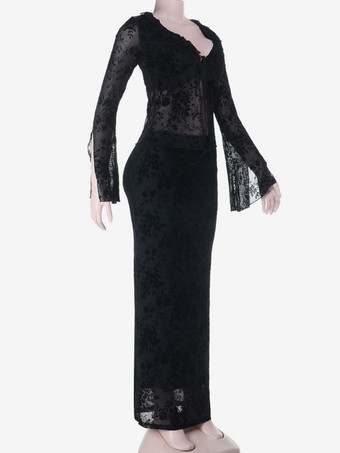 ブラックフロックフローラルレディース2ピースセット - タイフロントフレアスリーブトップマキシスカート - ゴシックシアーメッシュ美的パーティーウェア2026