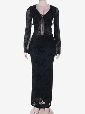 ブラックフロックフローラルレディース2ピースセット - タイフロントフレアスリーブトップマキシスカート - ゴシックシアーメッシュ美的パーティーウェア2026