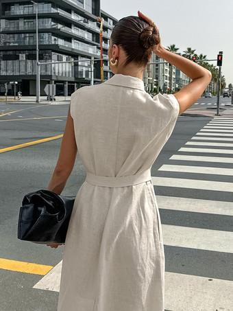 オートミールリネンコットンブレンドレディースシャツドレス - ノースリーブノッチドラペルロングドレス、ポケット付き - エレガントなベルト付きサマーオフィスウェア 2026