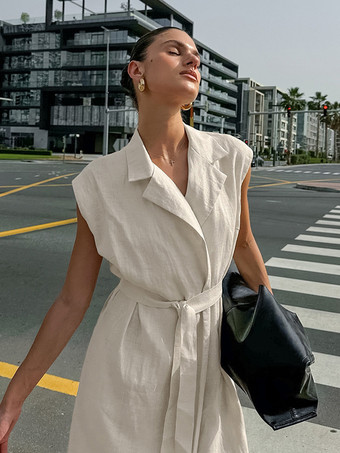 オートミールリネンコットンブレンドレディースシャツドレス - ノースリーブノッチドラペルロングドレス、ポケット付き - エレガントなベルト付きサマーオフィスウェア 2026