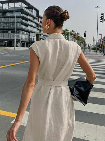 オートミールリネンコットンブレンドレディースシャツドレス - ノースリーブノッチドラペルロングドレス、ポケット付き - エレガントなベルト付きサマーオフィスウェア 2026