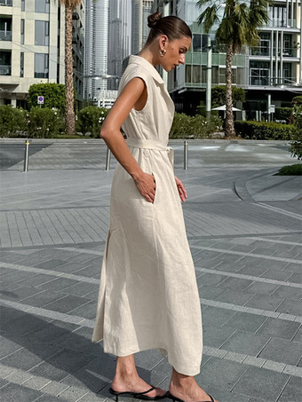 オートミールリネンコットンブレンドレディースシャツドレス - ノースリーブノッチドラペルロングドレス、ポケット付き - エレガントなベルト付きサマーオフィスウェア 2026