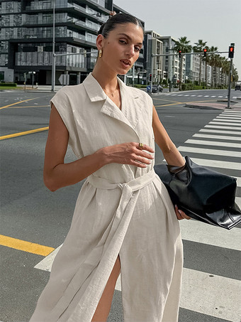 オートミールリネンコットンブレンドレディースシャツドレス - ノースリーブノッチドラペルロングドレス、ポケット付き - エレガントなベルト付きサマーオフィスウェア 2026