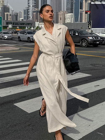 カーキ オートミールリネンコットンブレンドレディースシャツドレス - ノースリーブノッチドラペルロングドレス、ポケット付き - エレガントなベルト付きサマーオフィスウェア 2026