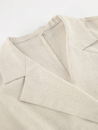 オートミールリネンコットンブレンドレディースシャツドレス - ノースリーブノッチドラペルロングドレス、ポケット付き - エレガントなベルト付きサマーオフィスウェア 2026