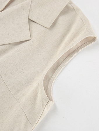 オートミールリネンコットンブレンドレディースシャツドレス - ノースリーブノッチドラペルロングドレス、ポケット付き - エレガントなベルト付きサマーオフィスウェア 2026