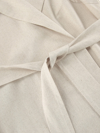 オートミールリネンコットンブレンドレディースシャツドレス - ノースリーブノッチドラペルロングドレス、ポケット付き - エレガントなベルト付きサマーオフィスウェア 2026