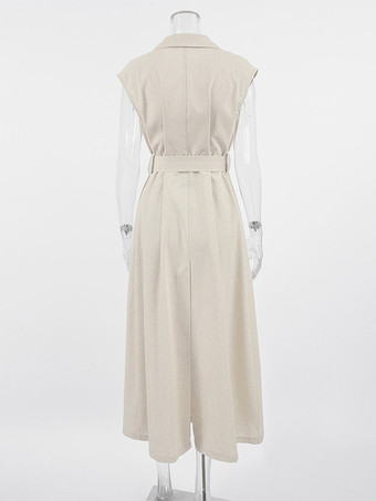 オートミールリネンコットンブレンドレディースシャツドレス - ノースリーブノッチドラペルロングドレス、ポケット付き - エレガントなベルト付きサマーオフィスウェア 2026