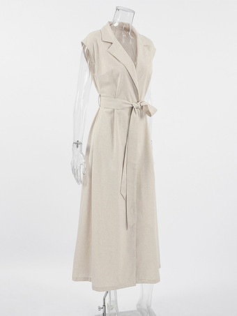 オートミールリネンコットンブレンドレディースシャツドレス - ノースリーブノッチドラペルロングドレス、ポケット付き - エレガントなベルト付きサマーオフィスウェア 2026