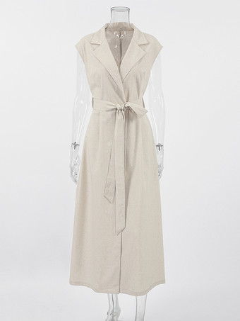 オートミールリネンコットンブレンドレディースシャツドレス - ノースリーブノッチドラペルロングドレス、ポケット付き - エレガントなベルト付きサマーオフィスウェア 2026