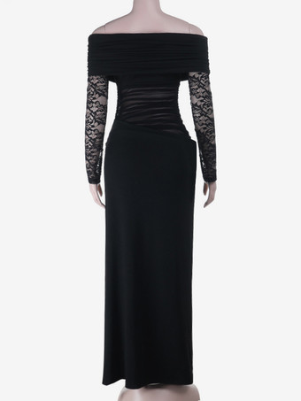 ブラック オフショルダー レディース マキシドレス - シースルー メッシュ ウエスト レーススリーブ ガウン - セクシーなハイスリット ボディコン ナイトアウト パーティーウェア 2026