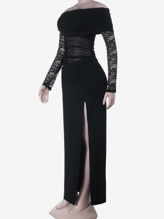 ブラック オフショルダー レディース マキシドレス - シースルー メッシュ ウエスト レーススリーブ ガウン - セクシーなハイスリット ボディコン ナイトアウト パーティーウェア 2026