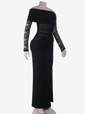 ブラック オフショルダー レディース マキシドレス - シースルー メッシュ ウエスト レーススリーブ ガウン - セクシーなハイスリット ボディコン ナイトアウト パーティーウェア 2026