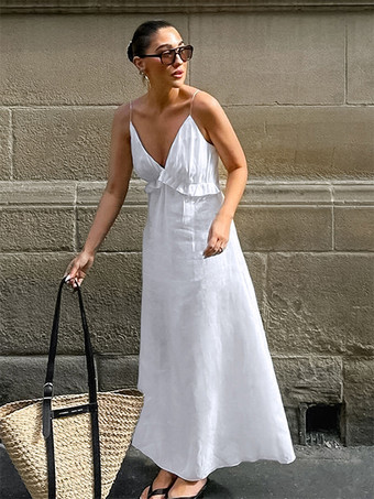 ホワイト 100% コットン レディース マキシドレス - スパゲッティストラップ ルーシュバスト サンドレス - セクシーな V ネック ラッフルトリム ビーチ バケーション ロングドレス 2026
