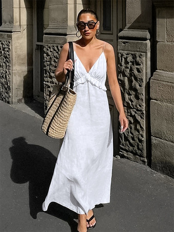 ホワイト 100% コットン レディース マキシドレス - スパゲッティストラップ ルーシュバスト サンドレス - セクシーな V ネック ラッフルトリム ビーチ バケーション ロングドレス 2026