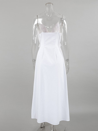 ホワイト 100% コットン レディース マキシドレス - スパゲッティストラップ ルーシュバスト サンドレス - セクシーな V ネック ラッフルトリム ビーチ バケーション ロングドレス 2026