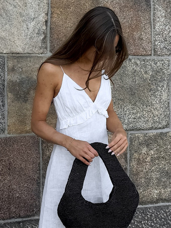 ホワイト 100% コットン レディース マキシドレス - スパゲッティストラップ ルーシュバスト サンドレス - セクシーな V ネック ラッフルトリム ビーチ バケーション ロングドレス 2026