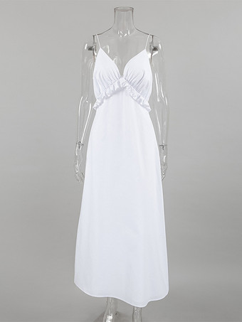 ホワイト 100% コットン レディース マキシドレス - スパゲッティストラップ ルーシュバスト サンドレス - セクシーな V ネック ラッフルトリム ビーチ バケーション ロングドレス 2026