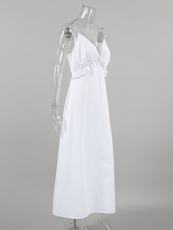 ホワイト 100% コットン レディース マキシドレス - スパゲッティストラップ ルーシュバスト サンドレス - セクシーな V ネック ラッフルトリム ビーチ バケーション ロングドレス 2026