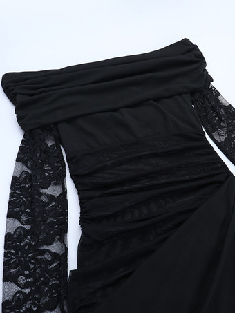 ブラック オフショルダー レディース マキシドレス - シースルー メッシュ ウエスト レーススリーブ ガウン - セクシーなハイスリット ボディコン ナイトアウト パーティーウェア 2026