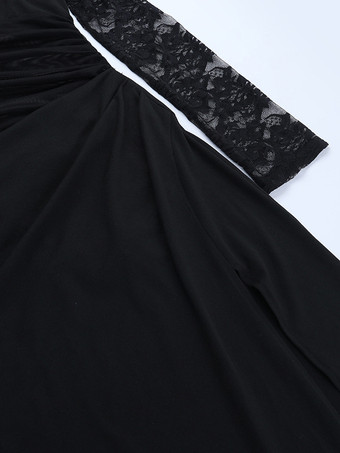 ブラック オフショルダー レディース マキシドレス - シースルー メッシュ ウエスト レーススリーブ ガウン - セクシーなハイスリット ボディコン ナイトアウト パーティーウェア 2026