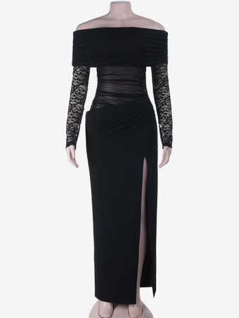 ブラック オフショルダー レディース マキシドレス - シースルー メッシュ ウエスト レーススリーブ ガウン - セクシーなハイスリット ボディコン ナイトアウト パーティーウェア 2026