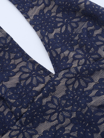 ネイビーブルーのホルターネックレディースマキシドレス - アシンメトリーレースパッチワークバックレスガウン - セクシーなボディコンサマーバースデーパーティーウェア 2026